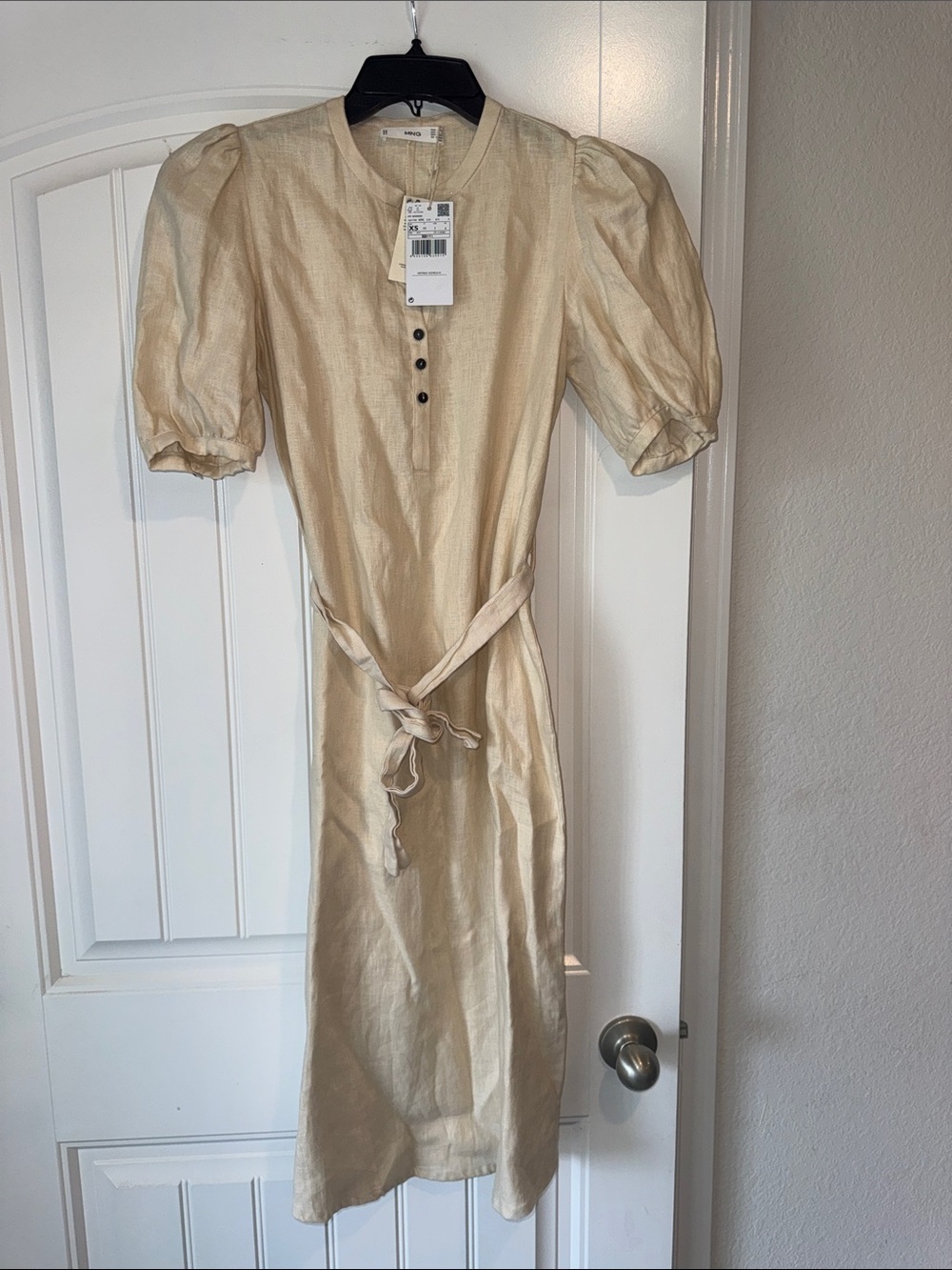 MANGO Belted Linen Midi Dress Puff Sleeve Beige NWT XS